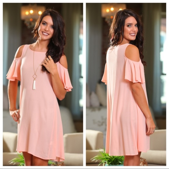 Infinity Raine Dresses & Skirts - ❤️ LAST ONE! Peach Cold Shoulder Chiffon Dress